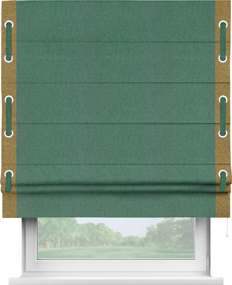 Римская штора «Кортин» с кантом Стрим Дуо (люверсы с пояском), для проема, ткань твид блэкаут, зелёный